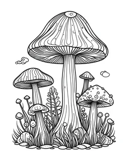 mushroom world minimalistic landscape. line art, background, vector, svg, coloring book page style, black outline on white background