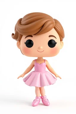 Funko figure of a very young female, smiling, medium very wavy light brown hair, wearing a ballerina dress, pink dress, ballet, very cute, ballet pose,. typography, 3D render. White background