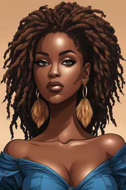 create a silhouette art illustration of a curvy black female wearing Tight blue jeans and a hazel brown off the shoulder blouse. Prominent make up with long lashes and hazel eyes. She is wearing brown feather earrings. Highly detailed long black shiny dread locs