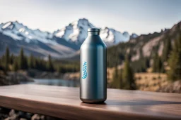 A metal bottle inspired by a hydroflask that allows for wirelessly controlled temperature settings, featuring clean lines and modern design. Set the scene alongside a smartphone for reference. Put a mountain landscape in the background