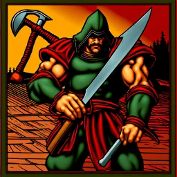 90's TCG art retro fantasy art of an axe chopping a deck of cards