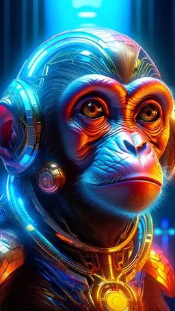 Futuristic monkey portrait in the style of Greg Rutkowski, in abstract, surreal landscapes, futuristic elements, intricate details, esoteric elegance, fantasy realism with 3D UHD HDR enhancement, bright and vivid colors, key light reflected in twinkling eyes, meticulously perfect composition, illusion of the highest quality, double exposure effect, illustrated storybook, clear focus, 8k resolution, digitally printed masterpiece.