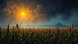 surreal landscape of a corn field at night, with glowing astral lights and misty atmosphere, realistic oil painting style, inspired by Thomas Moran's "The Golden Hour", intricate details of each individual corn stalk, long shot perspective to capture the vastness of the field.