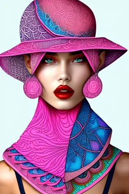 Beautiful model, full of imperial colors, the sun lighting her face, her lipstick and blush are pink, She has a fantastic pink and blue zentangle hat on and a zentangle scarf around her neck