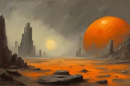 Grey sky with one orange distant planet in the horizon, rocks, mountains, 80's sci-fi movies influence, friedrich eckenfelder impressionism paintings