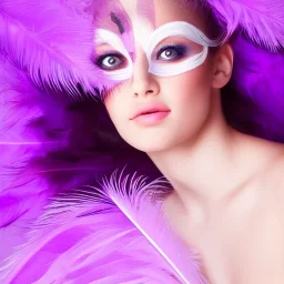 A beautiful portrait of a cute woman purple color scheme, high key lighting, volumetric light high details with white stripes and feathers and celtic paterns