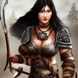 body amazon viking woman godess beauty forest snow black hair fighter