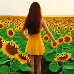 woman standing in sunflower field, back view, wind, long brown hair, yellow dress