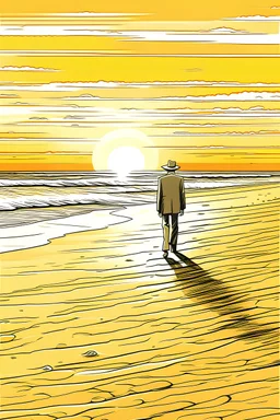 A solitary figure stands on an untouched, sandy beach, gazing at the setting sun painting the sky with warm hues. Footprints in the sand lead towards the horizon, symbolizing the freedom to explore and reflect in peaceful solitude..coloring book page, simple and clean line art, adult drawing book, black and white, crisp black lines, no shades, sharp lines, coloring book for adults, cartoon style, landscape