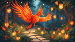 Slavic mythology fantasy illustration for bedtime story: enchanting garden with lush greenery and a beautiful stone winding path, with small tiny lanterns in the trees. Depict only one creature the Firebird. The feathers of the Firebird are vibrant red, orange, and gold, each one glowing with an otherworldly brilliance.