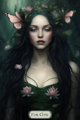 Water lilies Dark green long hair Dark Fairy princess queen crown butterflies dragonflies fireflies flowers fairy wings