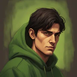 A dark-haired man, brown eyes, green hoody, Oil portrait, lichtenstain style, comic style