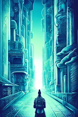 Cinematic coloring, book cover, intricate, cityscape, streets, african, tribal, sci-fi, science fiction, cyan and teal, zen, portrait