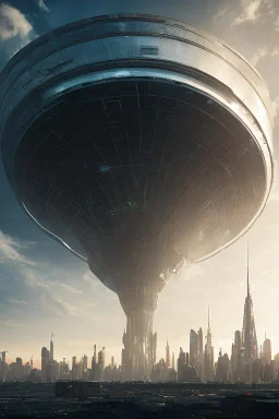 <@1070343311166017606>: Enormous alien mothership looming over a futuristic city skyline, Imposing presence, extraterrestrial invasion, awe- inspiring scale, ominous atmosphere, desperate resistance, hyperdetailed, story telling, moody, cinematic view, hyperrealistic, scifi movie scene,in a four dimension environment