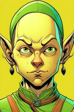 Portrait of female halfling with no hair, comics Frank Cho style