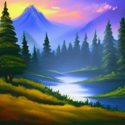 bob ross, painting, faraway mountains, misty peaks, forest-covered hills, valley,