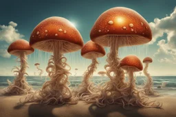 Standing on a beach of an alien world, mushrooms with jellyfish tentacles in the sky, photorealistic, Deep Colour, Fantastical, Intricate Detail, sunshine