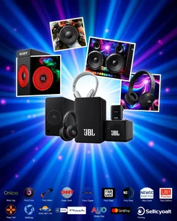 A beautiful design with photos of Sony party speakers and party boxes, headphones, mobile chargers, and JBL speakers in the center of the image and several famous logos from the world's audio and video systems at the bottom of the image with a beautiful and unique color theme.