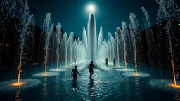 moonlight, frolicking in sparkling fountains, recreation, relaxation, luxury, magnificent, showers, glistening water spray, people, dream world, calm beauty, symmetry, fantasy world, magic, splendor, uplifting, inspiring, therapeutic, chiaroscuro, color, award-winning colour photograph, beautiful composition, exquisite detail, Nikon 135mm