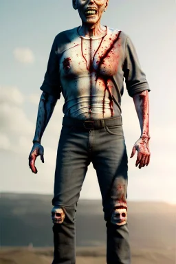 realistic image, joe biden zombie, arms up, arm cut and bleeding, amputated leg, night, walking with a limp, waist up view, dark ambient, highly detailed, sky background, concept art, unreal engine 5, god rays, ray tracing, RTX, lumen lighting, ultra detail, volumetric lighting, 3d, finely drawn, high definition, high resolution.