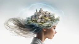 white background, Magical secret on the top of a woman's head, in her hair, double exposure, high resolution, fine rendering, high detail, 3D, village on her head, fantasy, mysticism,