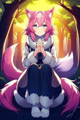 Forest , night, girl, blue eyes, pink hair, big wolf tail, wolf ears, wolf paws, sit, have fur on hands