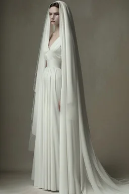 Long Luxurious White Wedding Dress Similar to the Greek era with a long veil and long black hair Photorealistic