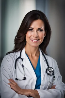 portrait of a kindly faced 40 year old female doctor with dark hair and a smiling expression