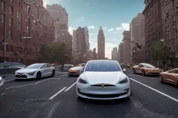 A Tesla 'Model Y' is parked, near the Flatiron Building in Manhattan. (CINEMATIC, WIDE ANGLE LENS, PHOTO REAL)