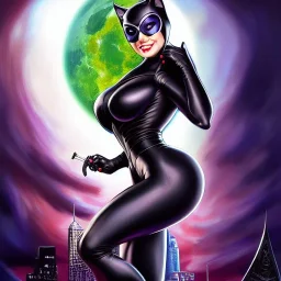 ultra detailed fullbody portrait of busty beautiful Catwoman, extremely detailed digital painting, intrincate, extremely detailed smiling face,crystal clear Big Green eyes, in the style of Ohrai Noriyoshi and robert e howard and pablo oliveira and Ken Kelley and Keith Parkinson,mystical colors,perfectly centered image, perfect composition, rim light, beautiful lighting,8k, stunning scene, raytracing