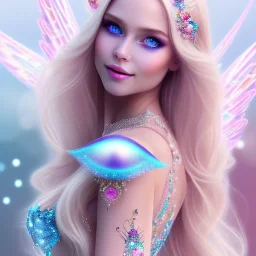  beautiful, soft, whide smile face,whole head, long blonde straight hair, blue eyes, fairy wings on the back, transparent crystal blue and pink clothes, background blue and pink, big definition, 8K