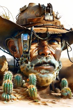 The old Cowboy of the Desert, double exposure cowboy face formed by a old weatheredmud hut with cactus and tumbleweeds around it, watercolor by Jean-Baptiste Monge and Yossi Kotler, Modifiers: sharp focus extremely detailed intricate oil on canvas portrait hyperrealistic high definition crisp quality