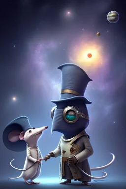 The Plague Doctor and a Mouse happily lost in the milky way attracted by mutual appreciation of their artistic desires in Outer Space, art by Pixar