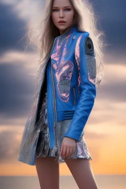 half body shot,realistic portrait of a 20-25 old caucasian model, long blue pink flowing hair, great grey eyes, blue leather jacket,full body, short white skirt,long legs,standing at beach of very nive lake with sunset ,clouds,godrayes