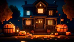 Halloween pumpkins and decorations outside a house. Night view of a house with halloween decoration, digital ai