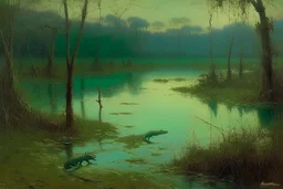 A teal poisonous swamp with crocodiles painted by Birge Harrison