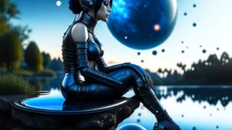 fantasy photo of a woman with black hair, sitting on a ledge over a pond, wearing an android-looking catsuit, sideways, with a planet behind her head