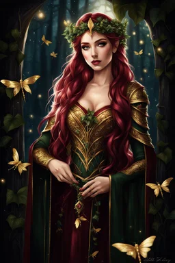 Burgundy hair, dark hair,dark red , rapunzel hair,very long hair,dark fairy princess,elven crown,night,dragonflies,beautiful,ong ashes,golden armor ,sparkle,night blooming,ivy,dark green,lilly of valley,golden elven crown,elven warrior,dark gold armor