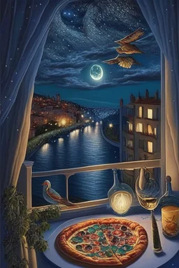 It's a starry night, with a luminous crescent moon, and from the balcony of an elegant luxury apartment, a view of a city with a hill and a river, lights in the windows of the houses. On the balcony, a dining table with a tray with a bird pattern, pizza and wine in starlight