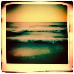 Photographic, Sea, soft waves, polaroid with damaged border, 1968, sunset, tape