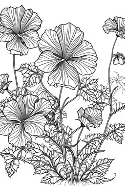 Outline art for coloring page, AVANT GARDE DRAWING OF A GARDEN OF A GERANIUM FLOWER, coloring page, white background, Sketch style, only use outline, clean line art, white background, no shadows, no shading, no color, clear