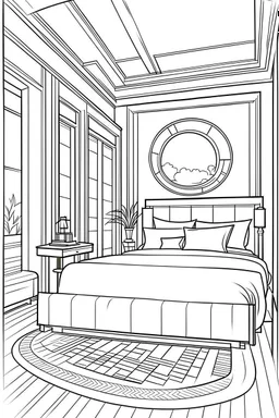 "Time-Travel Themed Suites: Step into the Past and Future within the STAR Hotel." each unique, flat vector, full view, only draw lines, clean line art, –no sketch, white background, minimalistic black lines, minimal black color, coloring page, thin black line art, perfect shape, perfect clear lines,