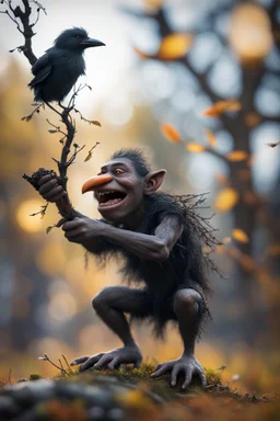 twig troll catching crows with glue,bokeh like f/0.8, tilt-shift lens 8k, high detail, smooth render, down-light, unreal engine, prize winning