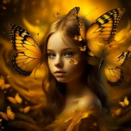 A beautiful young girl in the form of a butterfly flying in golden yellow, a wonderful fantasy scene, attractive and eye-catching, with a distinctive royal character.