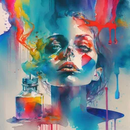 Depict a composition with contrasting elements representing the allure and temptation of drugs. Use bold colors and strong visual contrasts to create tension. watercolour