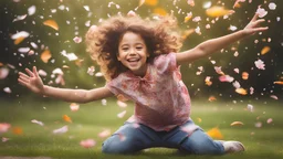 Magical Fantastic young happy child facing camera, Liquid Structure, Flying Petals, Splash, Portrait Photography, Fantasy Background, Intricate Patterns, Ultra Detailed, Luminous, Radiance, Joy, Exuberance, Fun, Ultra Realism, Complex Details, Intricate Details, 16k, HDR, High Quality, Trending On Artstation, Sharp Focus, Studio Photo, Intricate Details, Highly Detailed