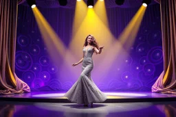 modern stage with gray-dark yellow blueish violet theme artistic decoration , color full dynamic lighting, a beautiful lady in maxi dress with shining silver jewels ,curvy long hair,dancing, 3D recursive fractal structure animating background