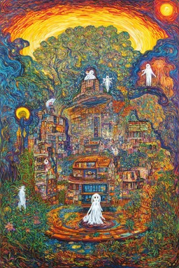 The realm of hungry ghosts; a mashup of the styles of Hundertwasser, Van Gogh, and Klee