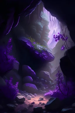 A cave radiating with violet plants and stones