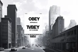 greyscale cityscape; large white billboards populate the city with black block lettering with text "OBEY", "REPRODUCE", "CONSUME", "BUY", "SLEEP", 'They Live' by john_carpenter movie still, concept art